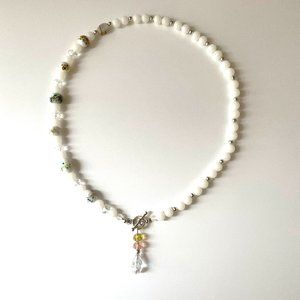 White Murano Glass Necklace, Quartz, Czechoslovakia Faceted Crystal Glass Beads.